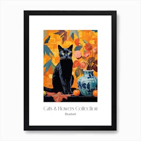 Cats & Flowers Collection Bluebell Flower Vase And A Cat, A Painting In The Style Of Matisse 0 Art Print