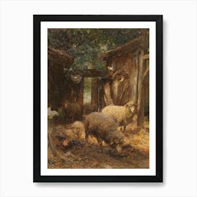 Vintage Painting Sheep In A Barn Art Print