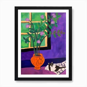 A Painting Of A Still Life Of A Lilac With A Cat In The Style Of Matisse 2 Art Print