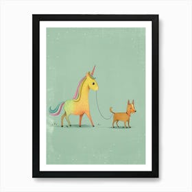 Pastel Storybook Style Unicorn Walking A Dog 1 Art Print