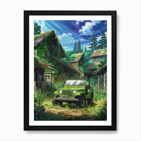 Anime Canvas Art: Overgrown Abandoned Village with Rustic Wooden Houses and Green Jeep, Vibrant Foliage and Blue Sky, Perfect for Lofi Aesthetic and Adventure Enthusiasts. 1 Art Print