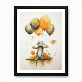 Alligator Flying With Autumn Fall Pumpkins And Balloons Watercolour Nursery 1 Art Print
