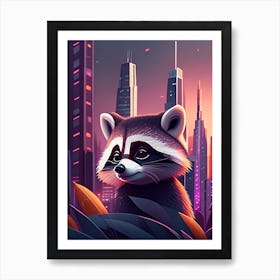 Raccoon In The City At Night Art Print