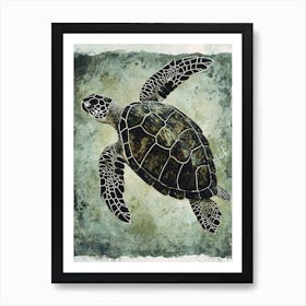 Dark Green Vintage Sea Turtle Painting Art Print
