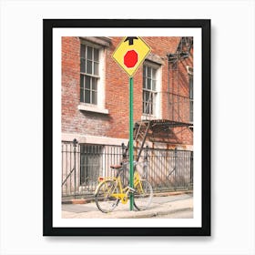 New York, USA I NYC's yellow bike on the streets to the new yorker loft brick architecture of West Village, Brooklyn or Soho for minimalist geometric photography with the retro vintage aesthetic Art Print