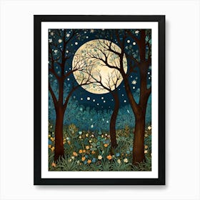 William Morris Style Moonlight In The Woods 1 Art Print