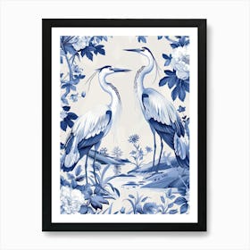 William Morris Style Heron Stalk Blue White Art Print