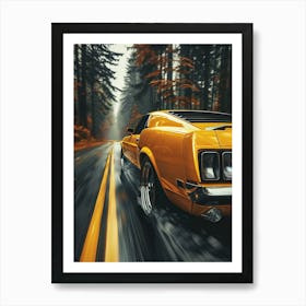 Yellow Mustang Driving In The Forest Art Print