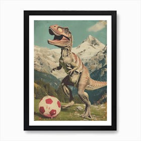 Dinosaur Playing Football Abstract Retro Collage 2 Art Print