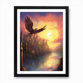 Eagle Flying Over A Castle Art Print