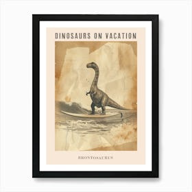 Vintage Brontosaurus Dinosaur On A Surf Board 2 Poster Art Print