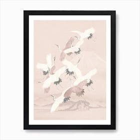 Vintage Japanese Egret Birds Flight Pastel Blush Art Print