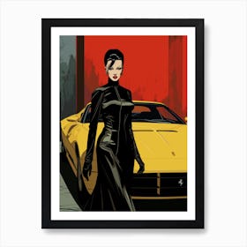 Asian Villain Lady In Black And A Yellow Ferrari Art Print