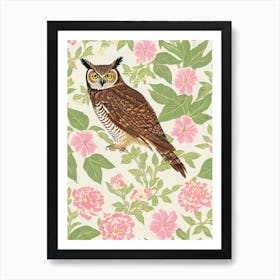 Great Horned Owl William Morris Style Bird Art Print