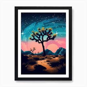 Joshua Tree With Starry Sky At Night In Retro Illustration Style (3) Art Print