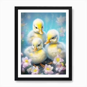 Cute Duckling In The Pond At Night Illustration 1 Art Print