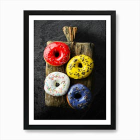 Colored sweet donuts — Food kitchen poster/blackboard, photo art Art Print