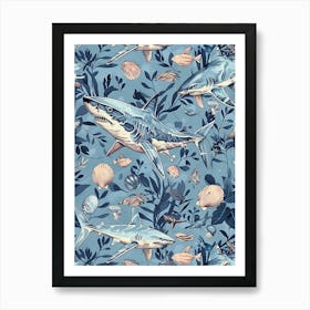 Pastel Blue Pelagic Thresher Watercolour Seascape Pattern 3 Art Print