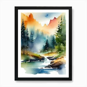 Watercolor Of A Mountain Stream Art Print