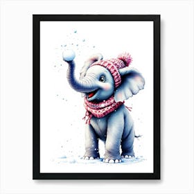 Elephant Throwing Snowballs With A Knitted Beanie Art Print