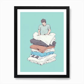 Illustration Of A Man Stacking Clothes Art Print