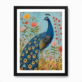 Floral Folky Peacock In The Meadow 4 Art Print