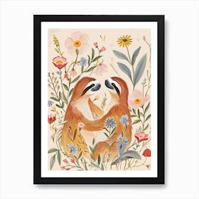 Folksy Floral Animal Drawing Sloth Art Print