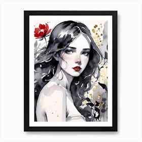 Selective Colour Portrait Of A Gorgeous Girl With Red Flower Art Print