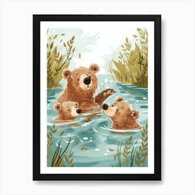 Sloth Bear Family Swimming In A River Storybook Illustration 1 Art Print