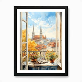 Window View Of Zagreb Croatia In Autumn Fall, Watercolour 3 Art Print