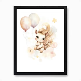 Baby Unicorn Flying With Ballons, Watercolour Nursery Art 4 Art Print