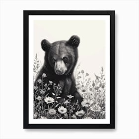 Malayan Sun Bear Cub In A Field Of Flowers Ink Illustration 4 Art Print