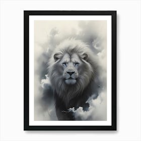 A majestic white lion with flowing, voluminous mane, set against a misty, ethereal background. Art Print