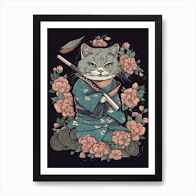 Cute Samurai Cat In The Style Of William Morris 4 Art Print