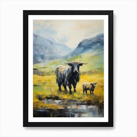 Black Bull & Baby By The Stream In The Highlands Impressionism Style Art Print