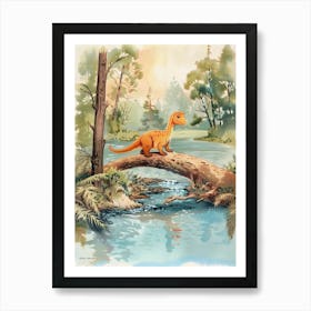 Storybook Style Dinosaur Crossing The River With A Log Painting 1 Art Print