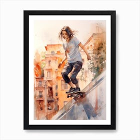 Girl Skateboarding In Athens, Greece Watercolour 1 Art Print