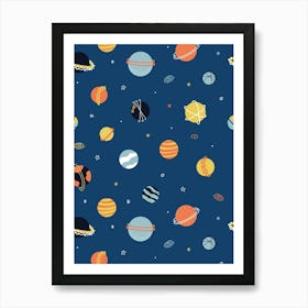 Scattered Planets, Stars, and Galaxies Multicolor on Navy Blue Art Print