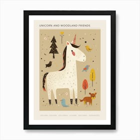 Unicorn In The Meadow With Abstract Woodland Animal Friends Muted Pastel 2 Poster Art Print