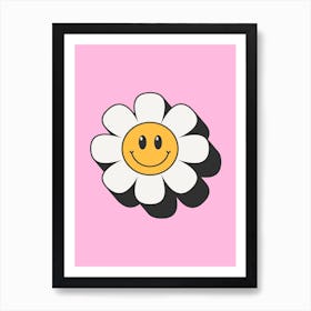 Pink Retro Smiley Flower Art Print