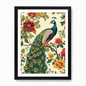 Vintage Peacock Wallpaper With Vibrant Flowers  1 Art Print