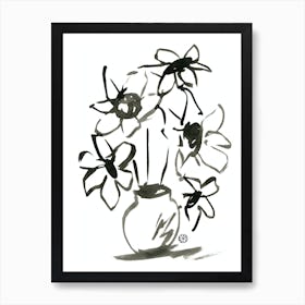 Inked Sunflowers - black and white minimal minimalist drawing line ink Art Print