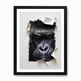 Oil Painting Styled Gorilla Face Emerging From Ripped Paper On A White Background Hyperrealistic B Art Print