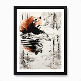 Red Panda Catching Fish In A Tranquil Lake Ink Illustration 3 Art Print