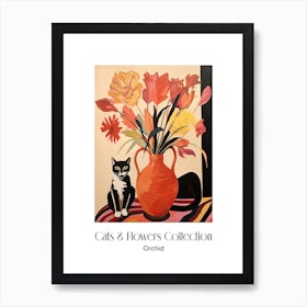 Cats & Flowers Collection Orchid Flower Vase And A Cat, A Painting In The Style Of Matisse 3 Art Print