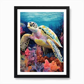 Vivid Pastel Turtle With Aquatic Plants 1 Art Print