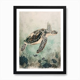 Vintage Illustration Of A Turtle Exploring The Ocean Art Print