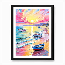 Sunset Boats On The Beach Art Print