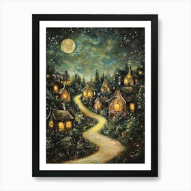 Village At Night With Stars and Moon In The Sky 3 Art Print