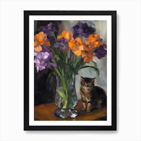 Flower Vase Crocus With A Cat 3 Impressionism, Cezanne Style Art Print